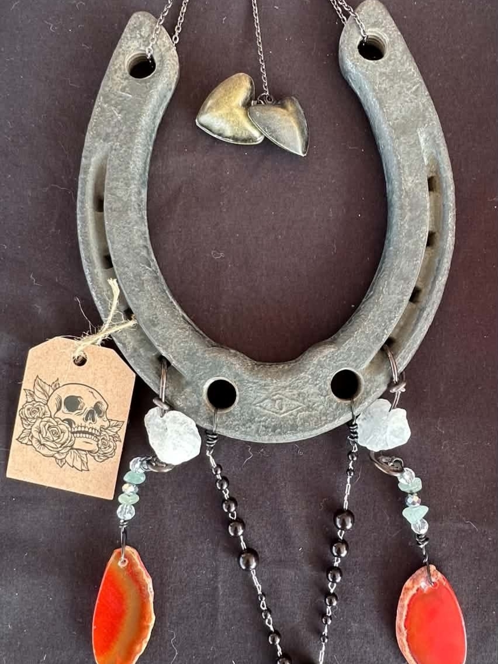 Red Agate Horseshoe Wall Accent/Suncatcher with Hematite Beads - Unbranded